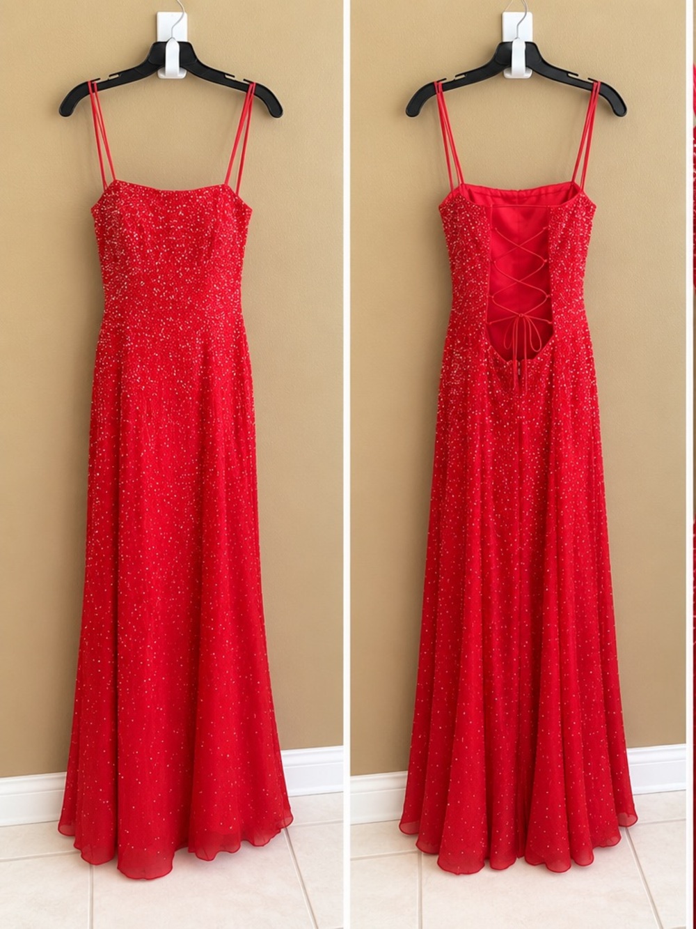 Nina Canacci Red Sparkle Spaghetti-Strap Maxi Dress